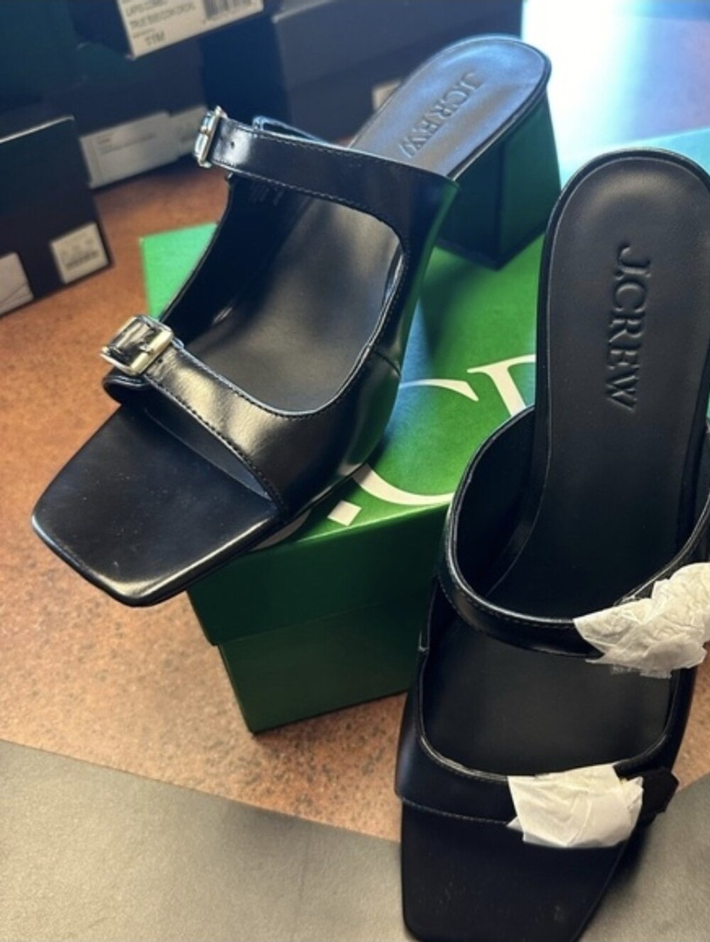 Black Leather Open-Toe Block Heel Mules
